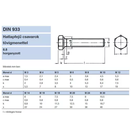 HLF hatlapfejű csavar M6*90