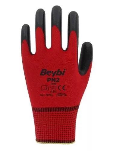 Kesztyű nitril tenyérenmártott XL/10 piros/fekete Beybi