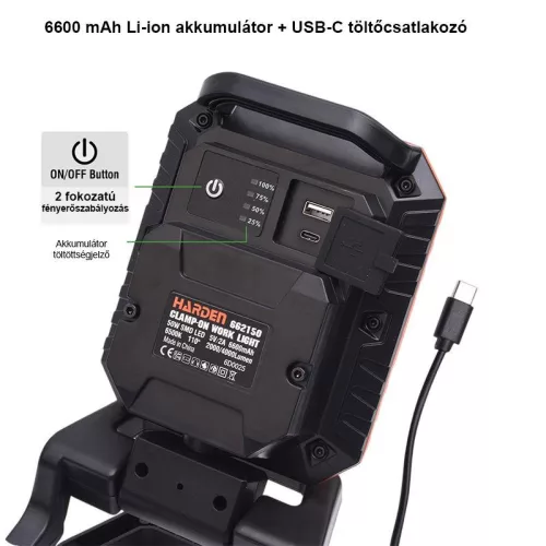 Csiptetős munkalámpa tölthető 4000 lm/50W Harden