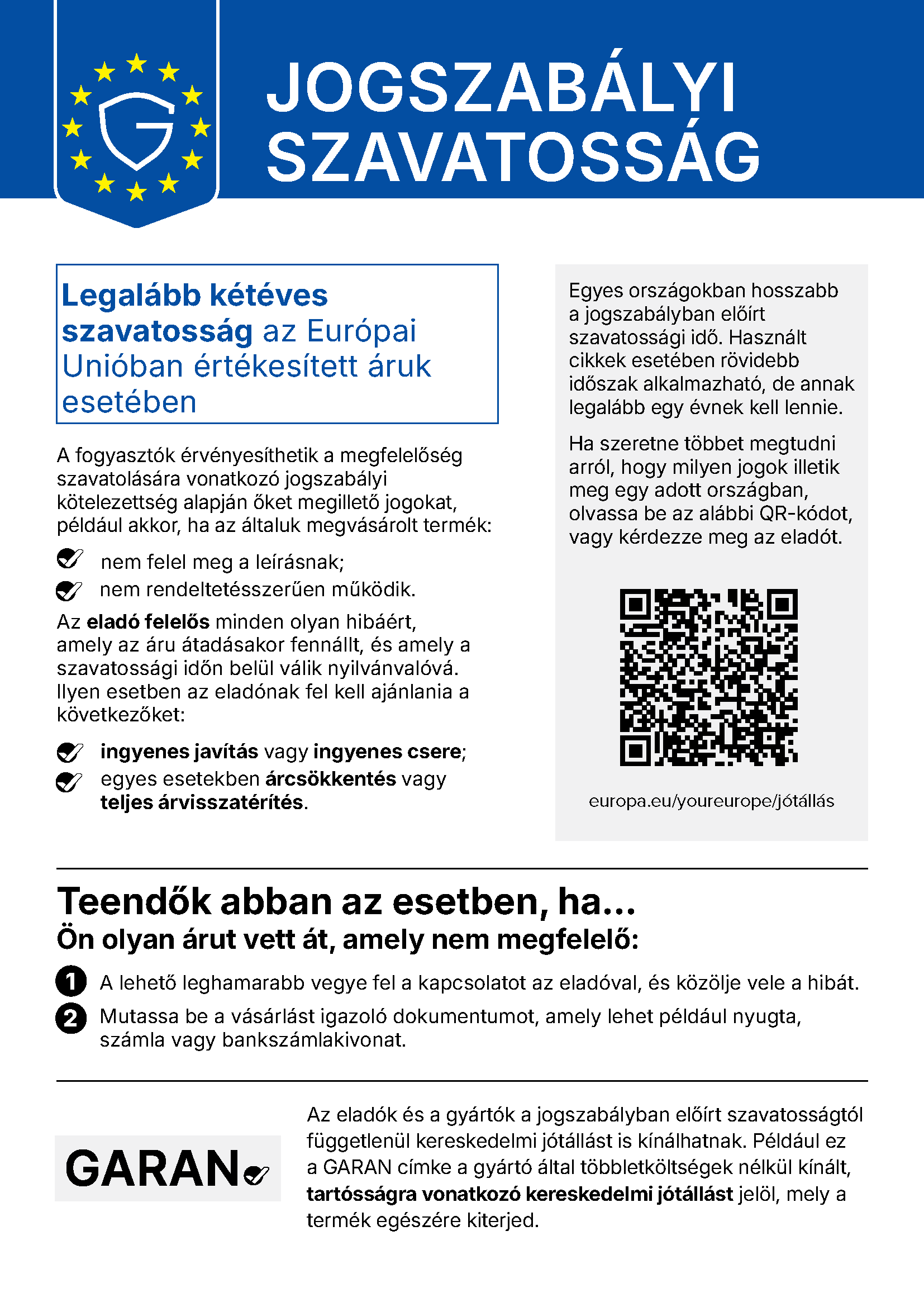 Az Ön jogszabályi szavatossági jogai
